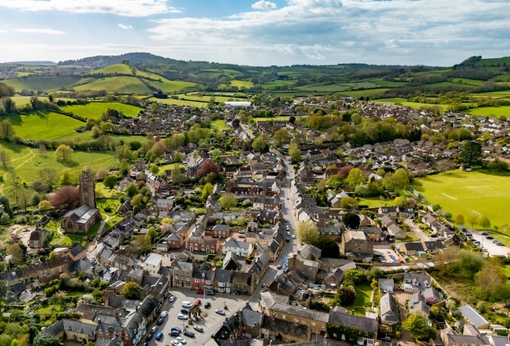 Aerial view of Beaminster, Dorset, showcasing the town and surrounding countryside